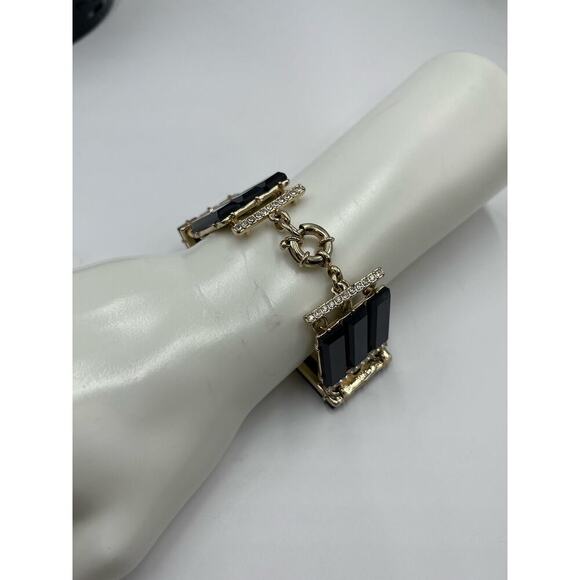 J. CREW Black Triple Row Lucite Rhinestone Brass Statement Bracelet - Picture 8 of 13
